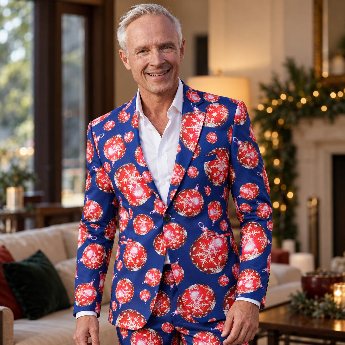 WISHOLIC men's blue Christmas ornament suit with red bauble and snowflake print, styled with a white dress shirt for holiday celebrations.
