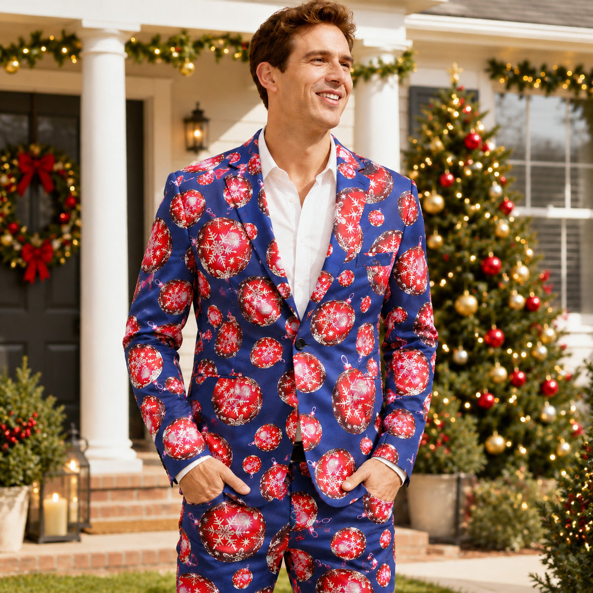 Wisholic men's blue Christmas suit featuring red ornament print, worn outdoors in front of a decorated porch and Christmas tree.