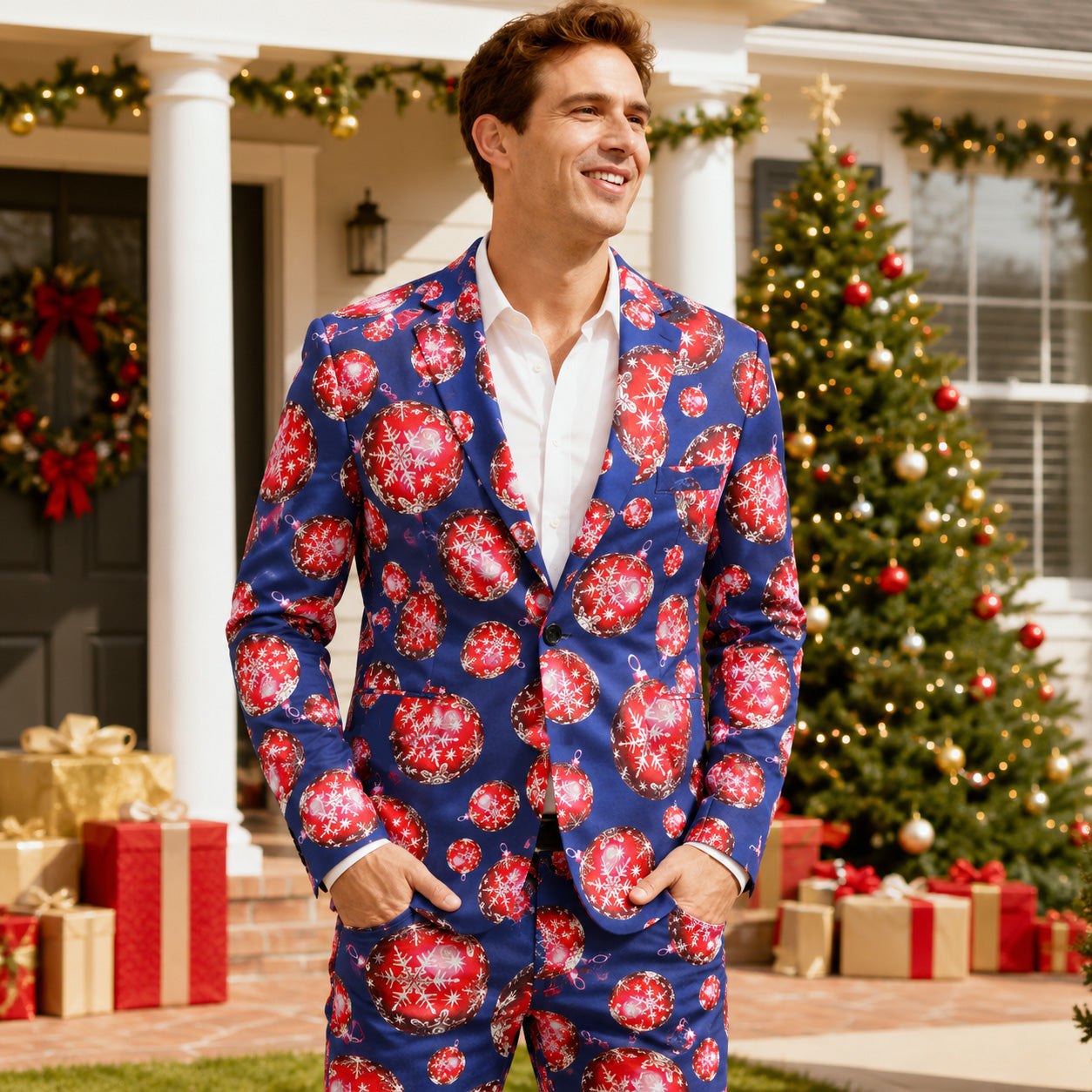 Wisholic men's blue Christmas printed suit with red baubles standing outside a festive holiday home