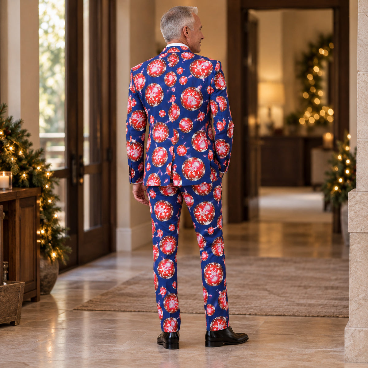 Back view of a WISHOLIC men's blue Christmas ornament suit showing the matching printed blazer, trousers and tailored silhouette.