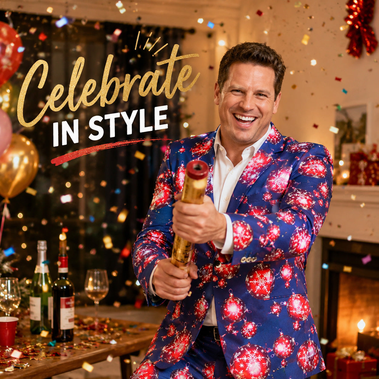 Wisholic men's festive blue Christmas suit set for New Year's Eve and holiday party outfit