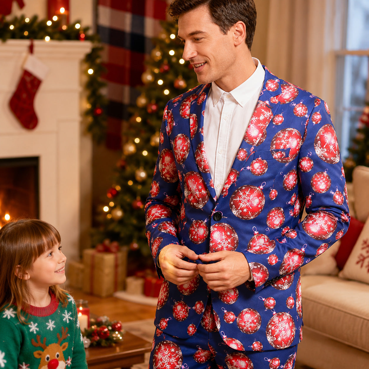 Father wearing Wisholic blue Christmas bauble blazer smiling at little girl near cozy fireplace and tree