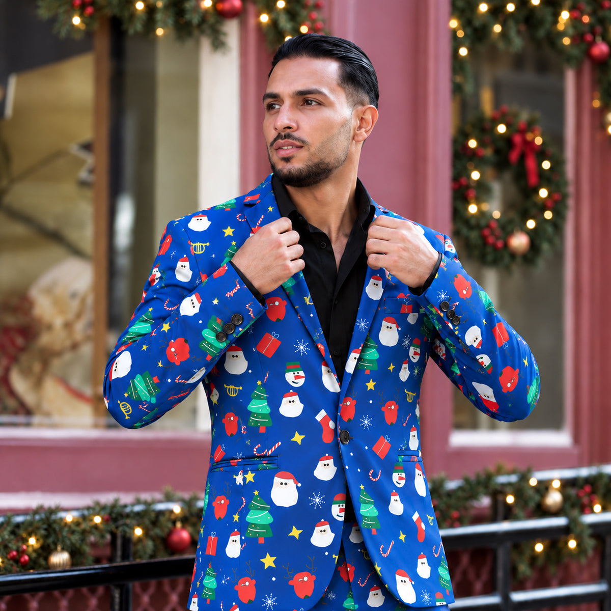 Wisholic men's festive blue Christmas blazer printed with Santa and Christmas trees, styled outdoors for holiday parties.