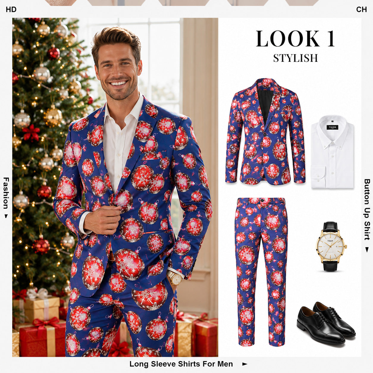 Wisholic blue Christmas ornament suit flatlay guide with white shirt, black dress shoes, and watch