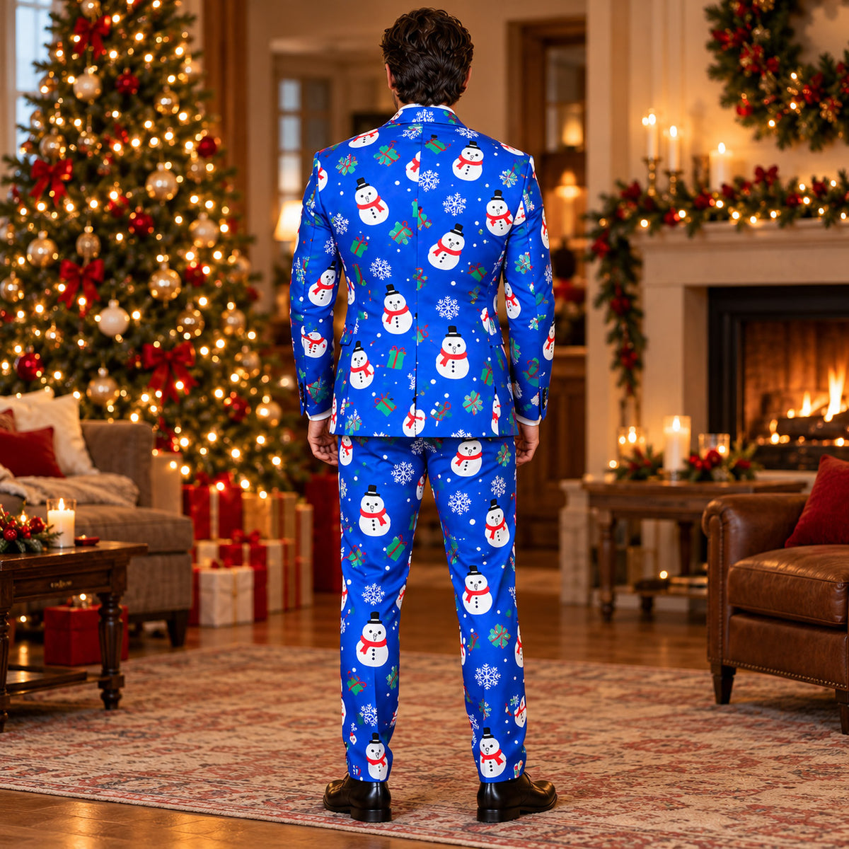 Back view of Wisholic tailored fit men's blue Christmas snowman suit jacket and pants in holiday living room