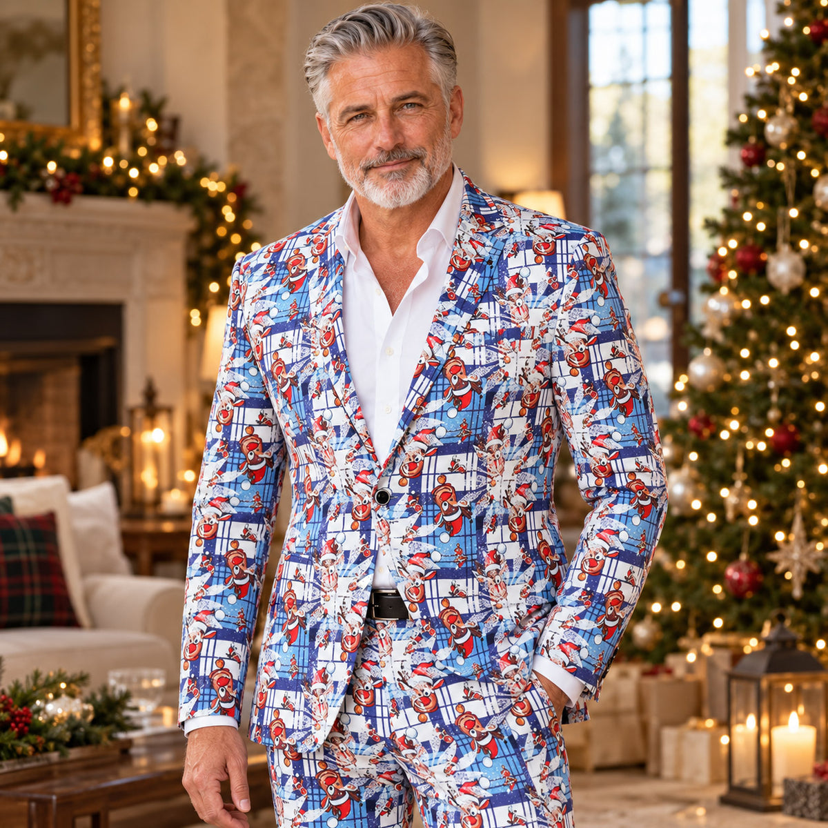 Wisholic men's festive blue and white plaid Christmas suit featuring whimsical cartoon reindeer print, front waist-up view