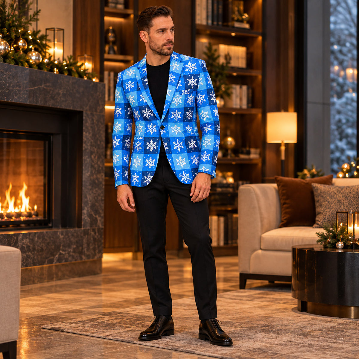 Wisholic men's blue buffalo plaid snowflake blazer jacket paired with solid black trousers and knit sweater by the fireplace