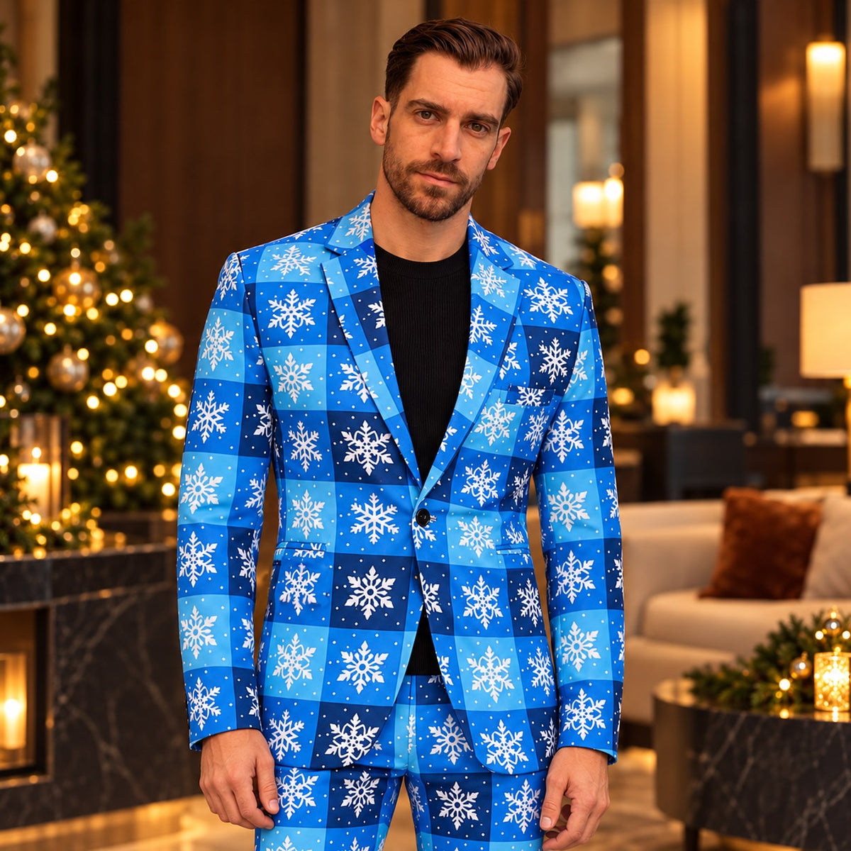 Wisholic men's festive royal blue buffalo plaid suit featuring white snowflake pattern styled with black knit top