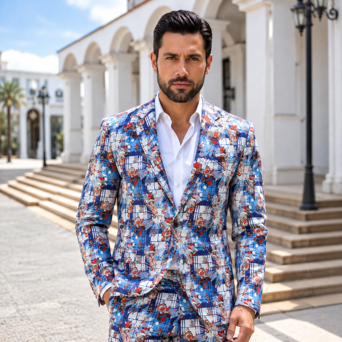 Wisholic men's blue reindeer Christmas printed suit with matching trousers worn outdoors, featuring a festive plaid pattern.