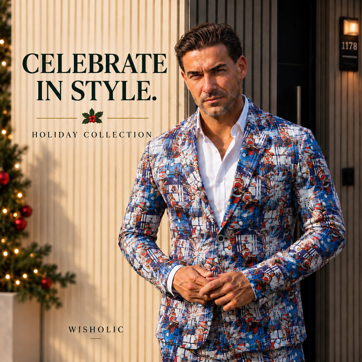 Wisholic men's blue reindeer Christmas printed suit - Celebrate in Style holiday collection banner.