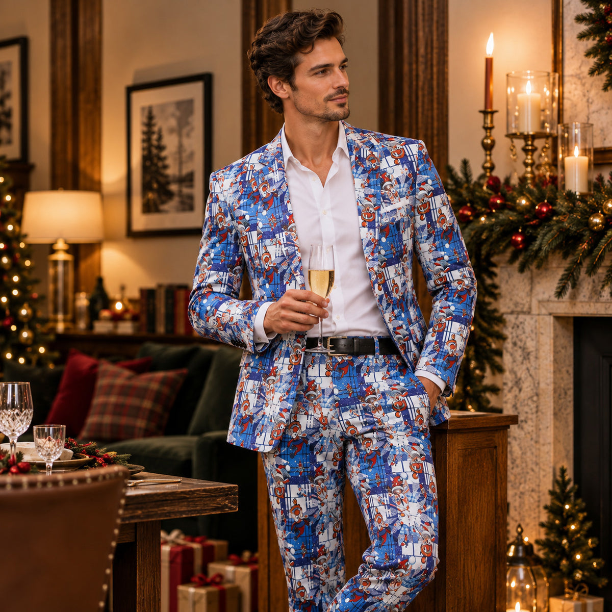 Wisholic men's blue Christmas patterned suit styled for holiday parties, standing by a festive fireplace holding champagne.