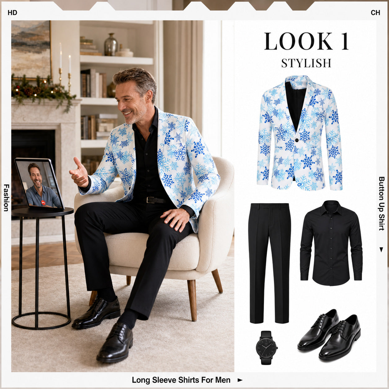 WISHOLIC blue snowflake printed blazer styled with black dress pants and shirt