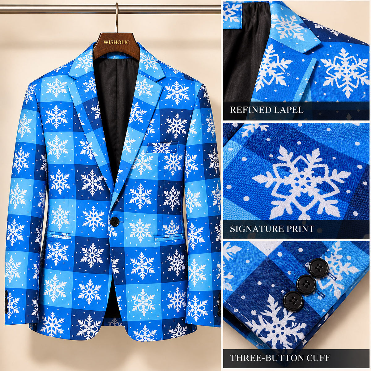 Tailoring craftsmanship of Wisholic Christmas blazer showcasing refined notch lapel, signature snowflake print, and three-button cuffs