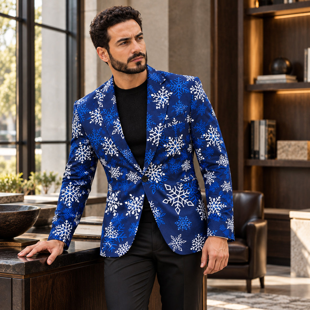 WISHOLIC men's blue snowflake Christmas blazer styled with a black knit sweater and black trousers for a refined winter look.