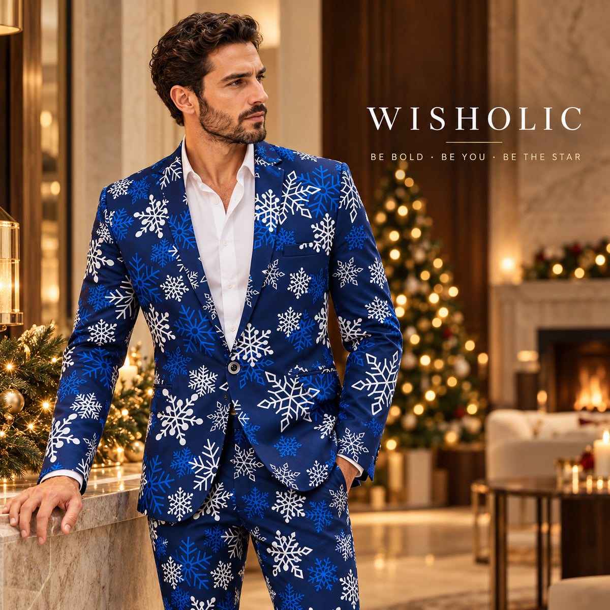 Wisholic blue snowflake printed men's party suit styled in a luxurious Christmas living room setting with a decorated tree.