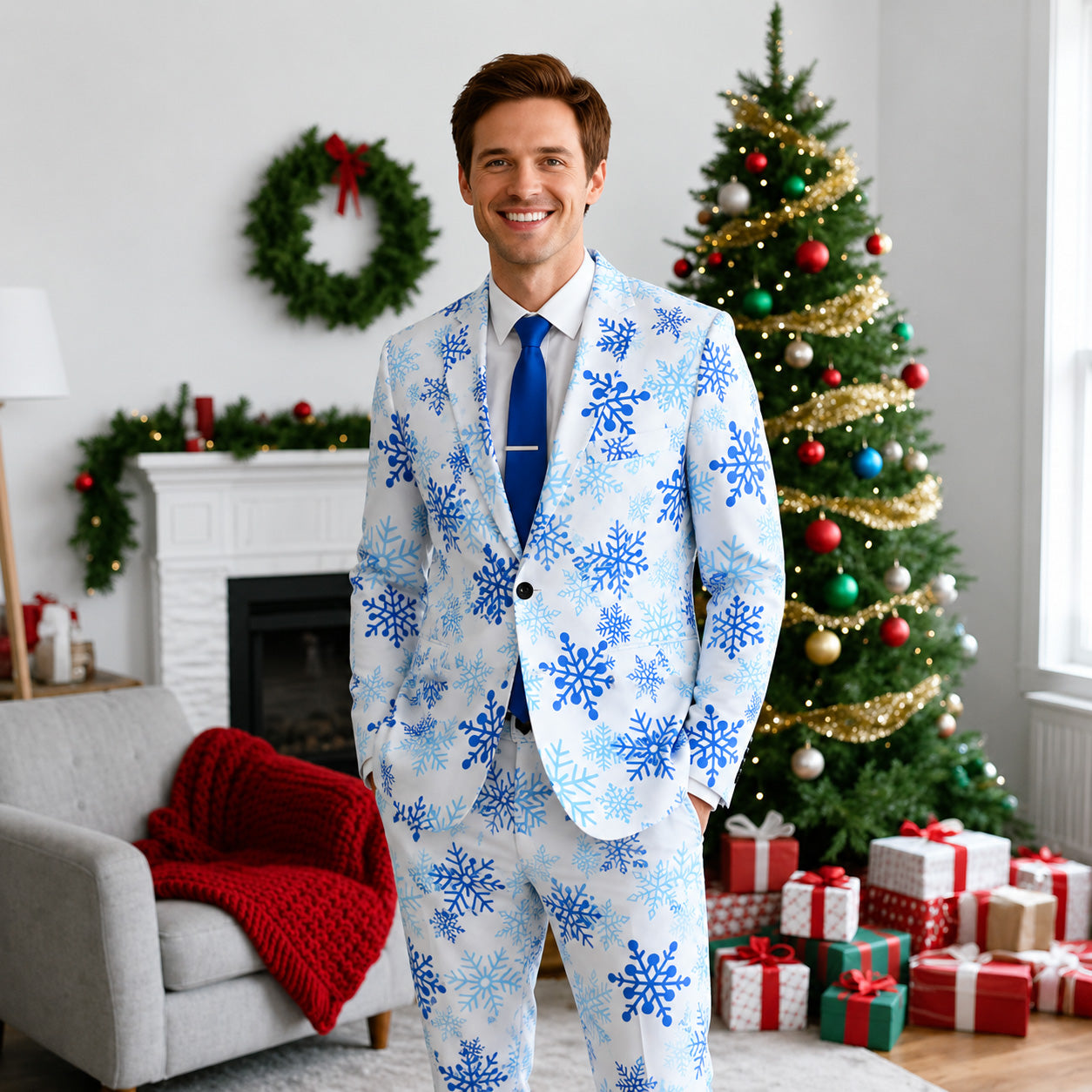 WISHOLIC men's blue snowflake printed christmas suit with matching blazer and pants indoors