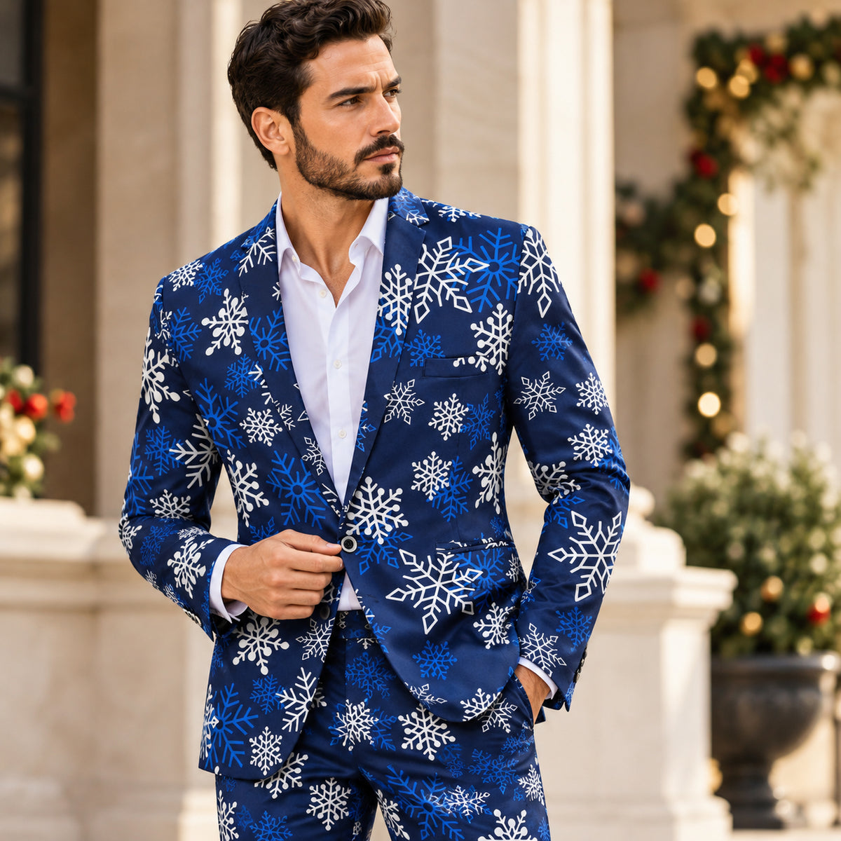 Wisholic men's royal blue snowflake printed Christmas suit set featuring a tailored blazer and trousers for holiday celebrations.