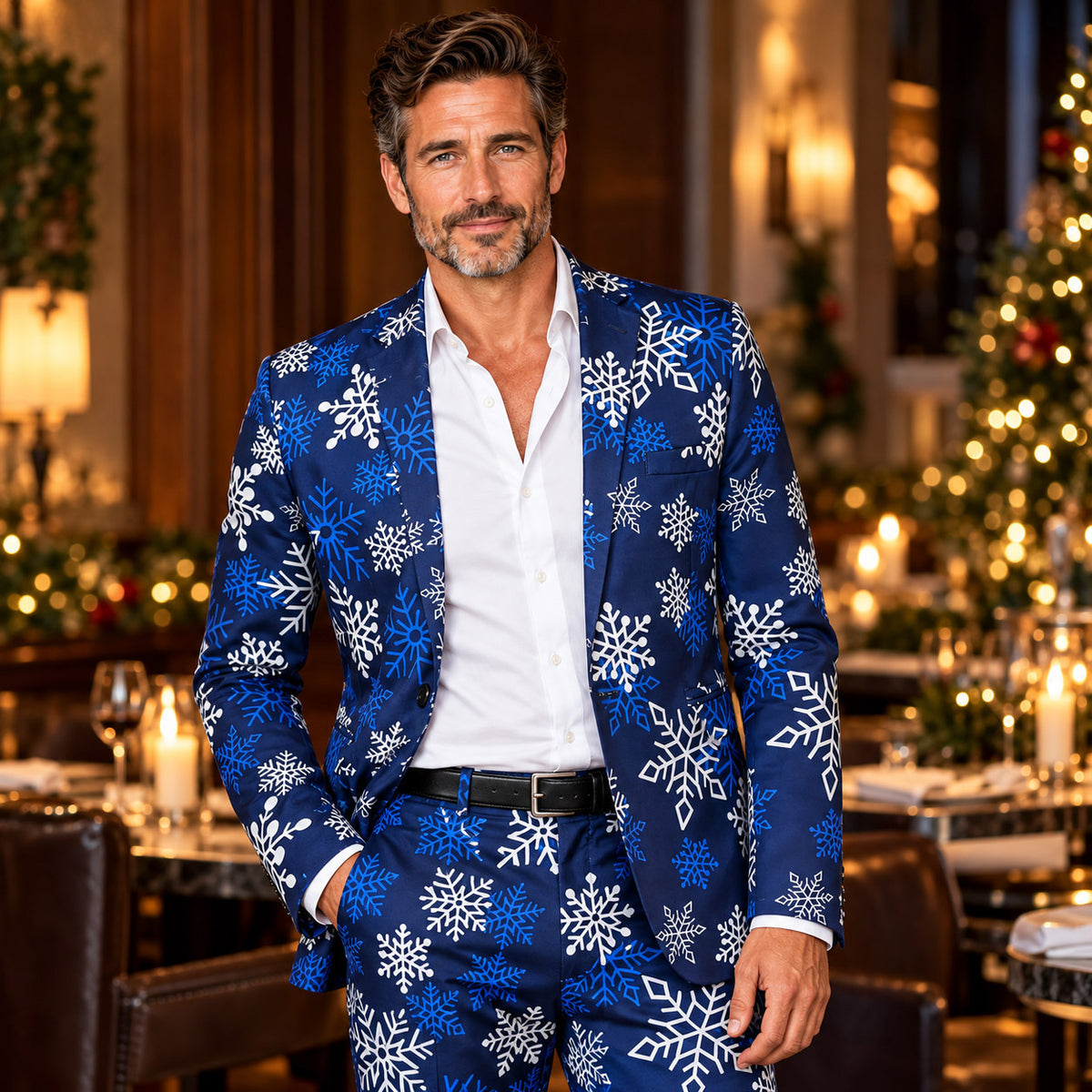 Wisholic men's festive royal blue Christmas suit featuring white and light blue snowflake pattern styled with white dress shirt