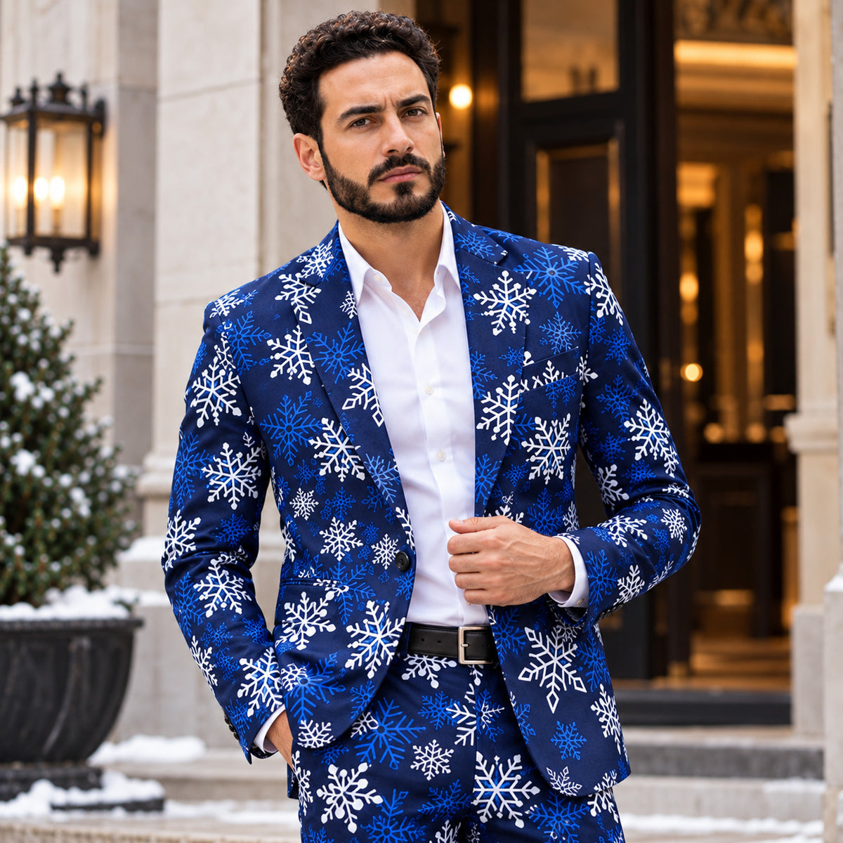 WISHOLIC men's blue snowflake Christmas suit featuring a navy blazer and matching trousers with white and blue snowflake prints.