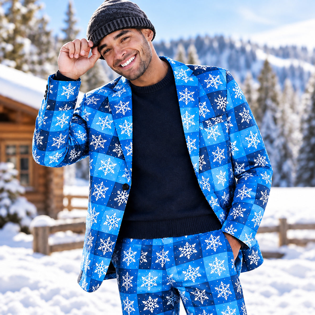 Wisholic men's blue snowflake plaid Christmas suit styled with a beanie in a winter outdoor snowy resort setting