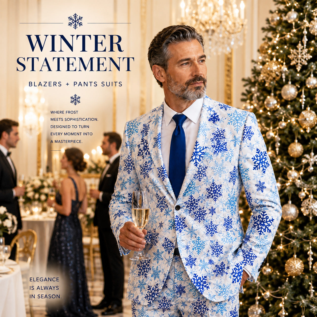 WISHOLIC men's blue snowflake holiday printed suit for winter party and Christmas events