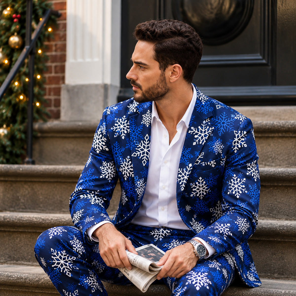 Model in Wisholic blue snowflake patterned Christmas suit sitting on stone steps holding a newspaper in a festive street setting.