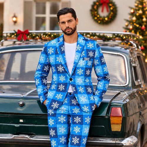 Wisholic men's blue snowflake plaid Christmas suit featured in a festive outdoor winter setting next to a decorated vintage car