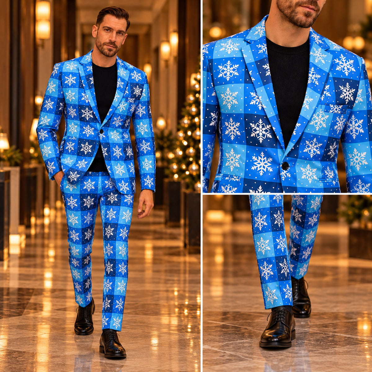 Full body fit and close-up views of Wisholic men's tailored blue plaid Christmas suit with snowflake print and slim-fit trousers