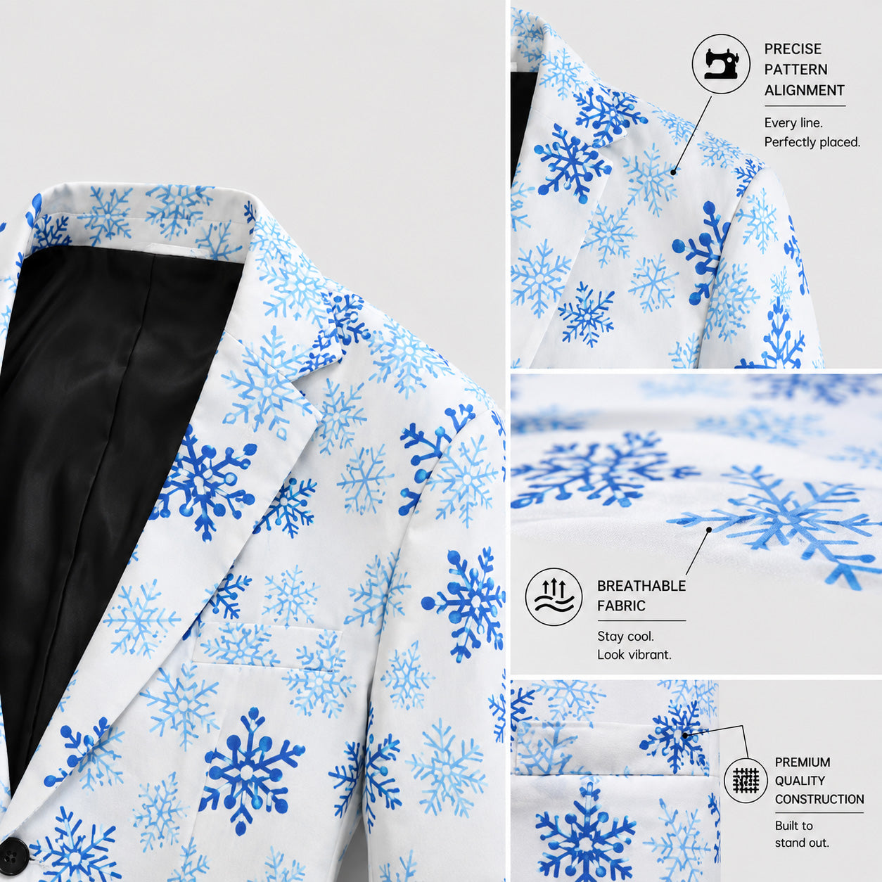 Close-up details of WISHOLIC blue snowflake printed suit lapel, fabric texture, and pattern alignment