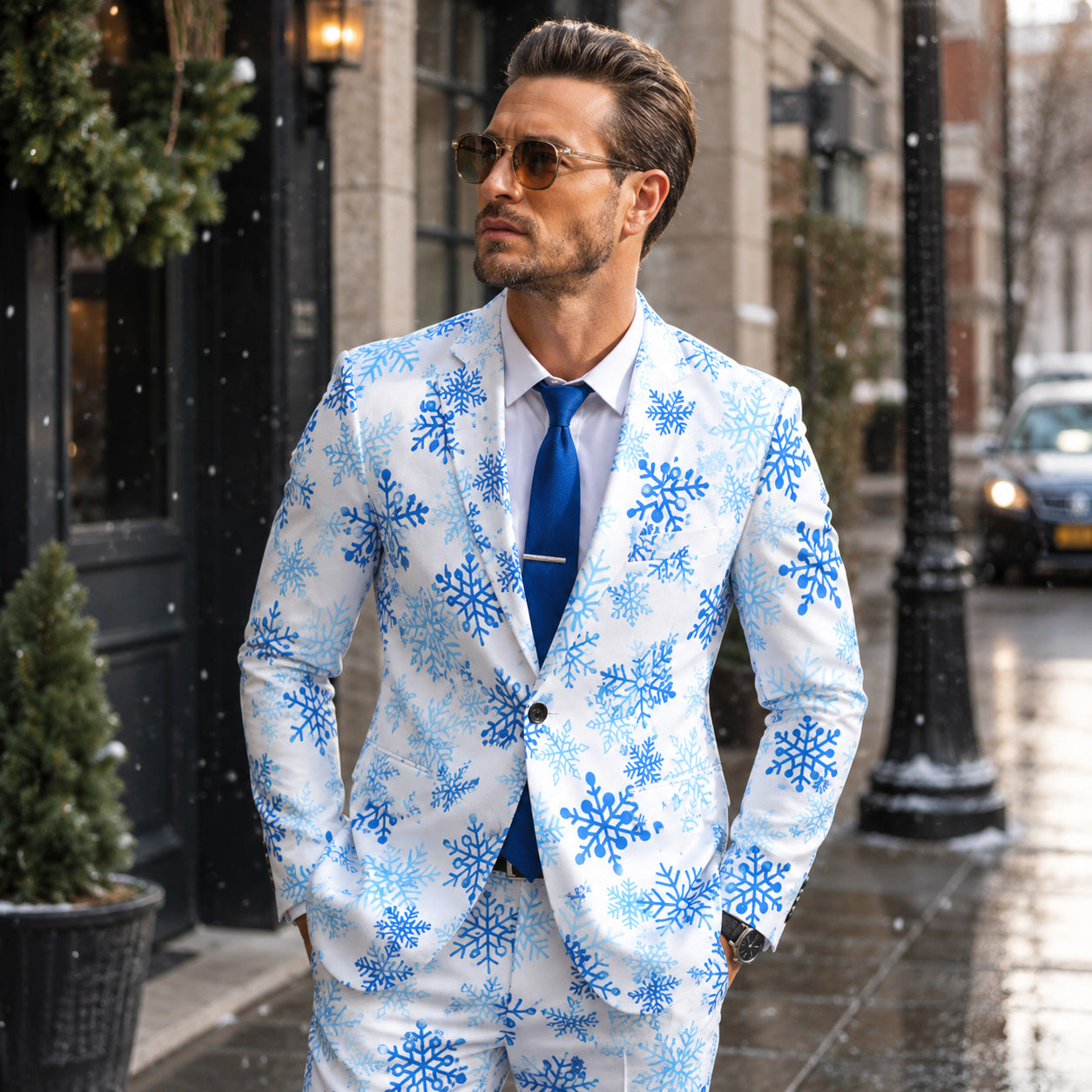 Man wearing WISHOLIC blue snowflake printed blazer and pants suit on a winter street