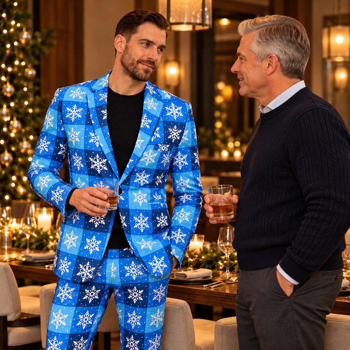 Model wearing Wisholic festive blue plaid snowflake suit holding a drink and chatting with a friend at a warm Christmas dinner