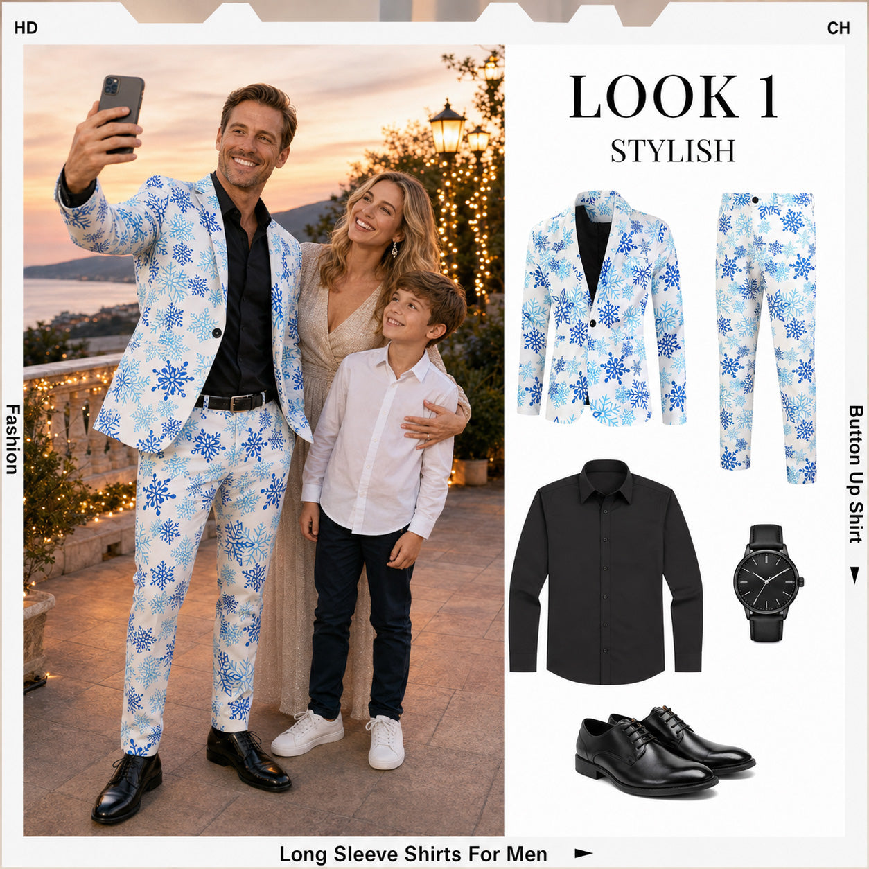 WISHOLIC blue snowflake blazer and pants suit paired with a black dress shirt and shoes