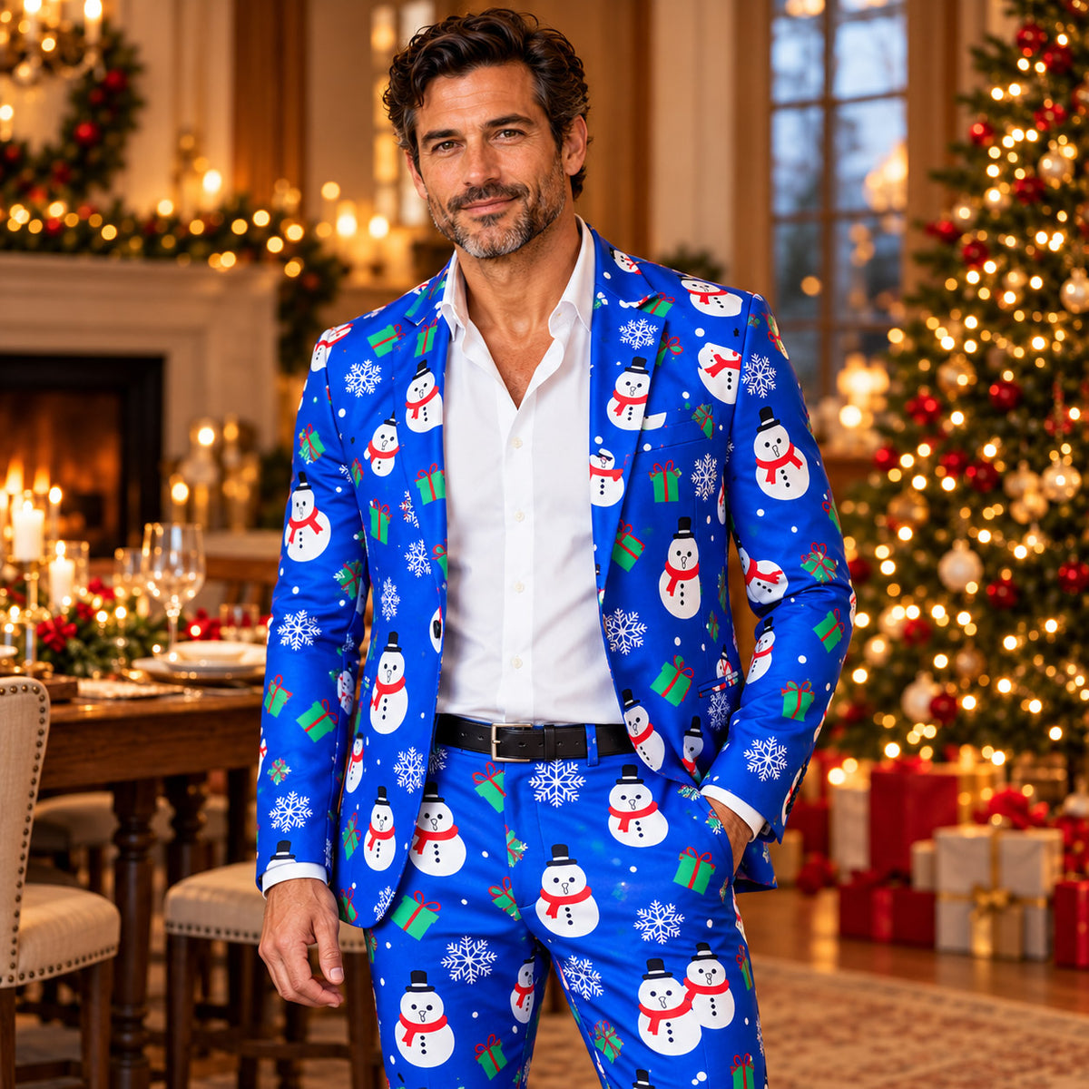 Wisholic men's festive royal blue Christmas suit featuring snowman and snowflake print worn at a holiday party