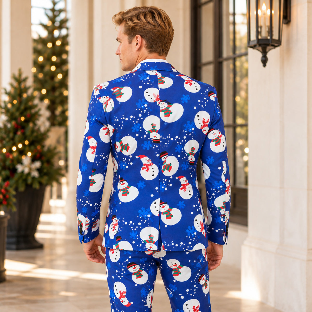 Back view of WISHOLIC men's blue snowman print Christmas suit showing the blazer's rear design and matching trousers.