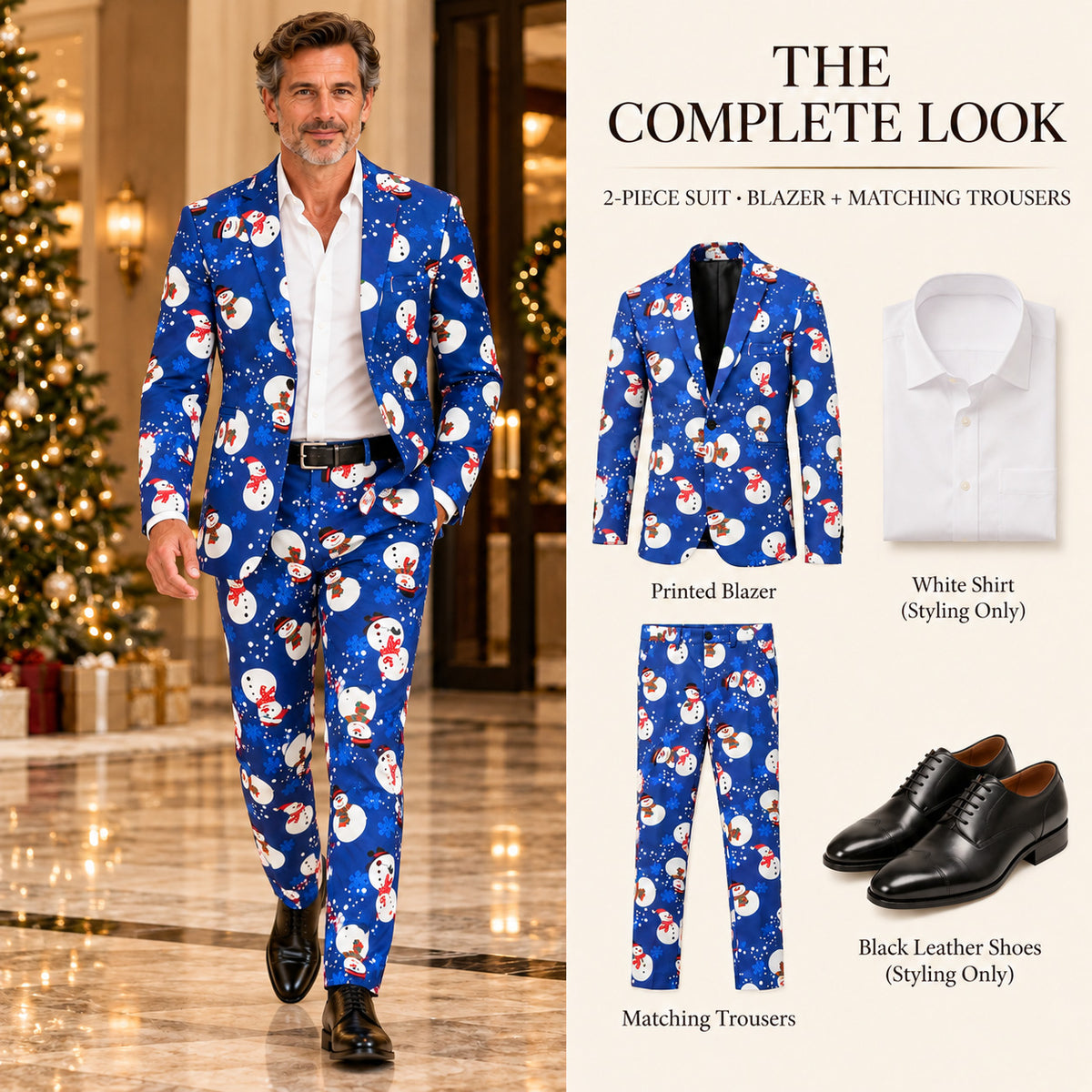 Wisholic royal blue snowman printed 2-piece suit styling guide complete look with white shirt and black leather shoes