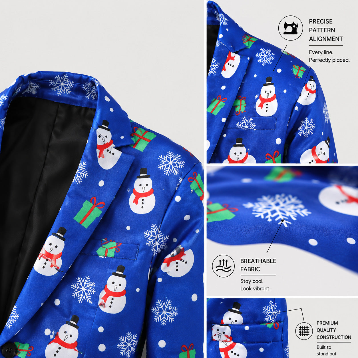 WISHOLIC Men's Blue Snowman Christmas Suit Fabric and Stitching Details