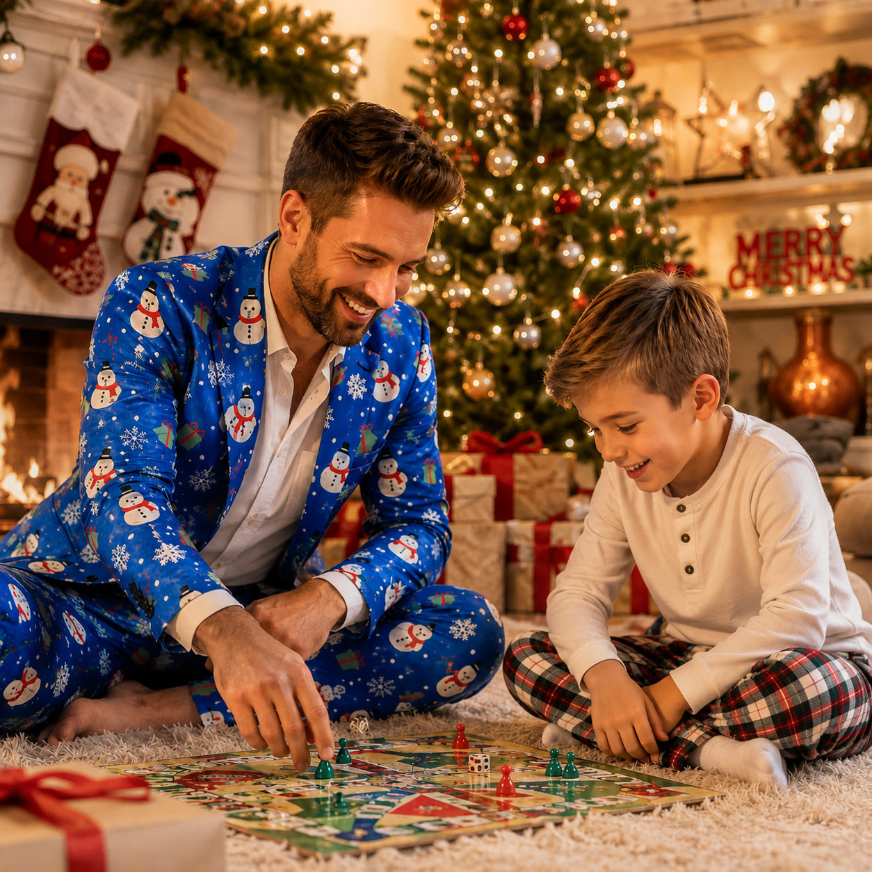 WISHOLIC Men's Blue Snowman Printed Suit for Christmas Family Celebrations
