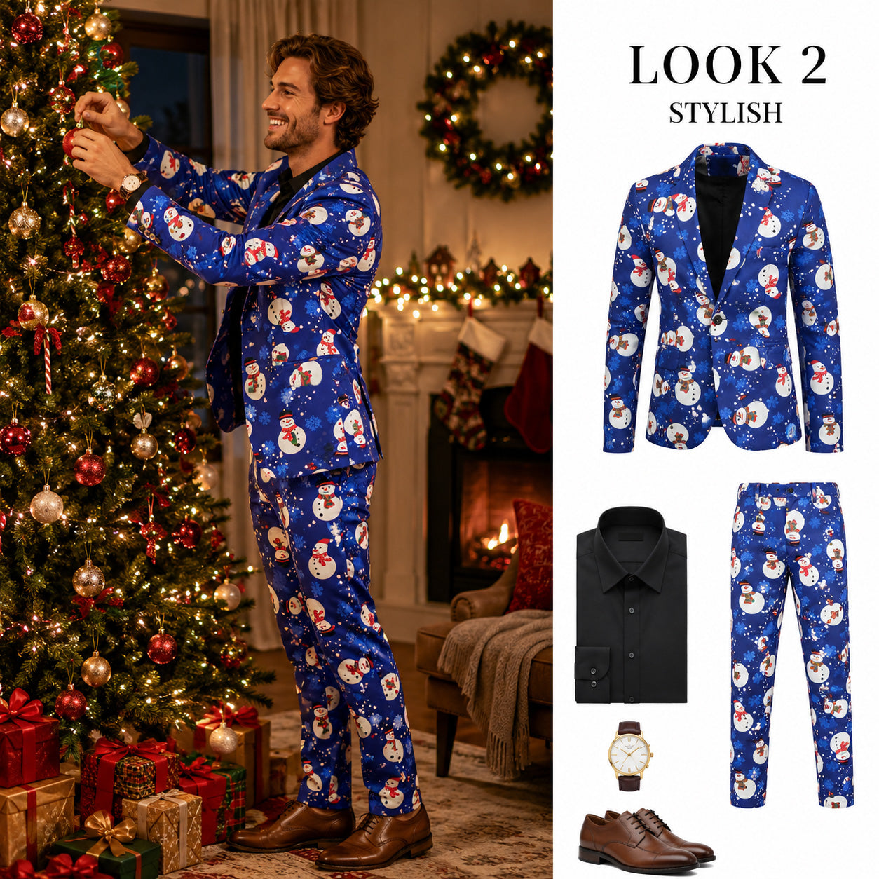 Wisholic men's 2-piece blue snowman suit outfit styling idea with black dress shirt and brown dress shoes