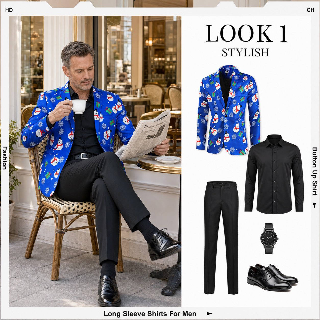 WISHOLIC Men's Blue Snowman Print Suit Blazer Styled with Black Dress Pants