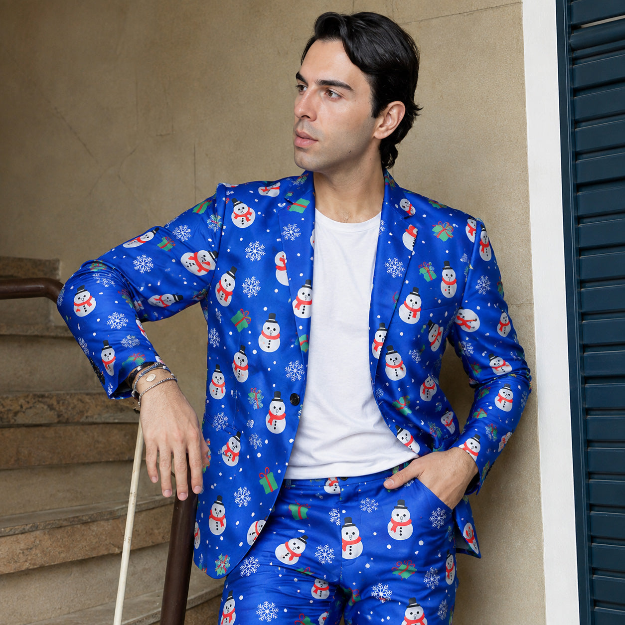 WISHOLIC Men's Royal Blue Snowman Printed Christmas Suit Set - Front View