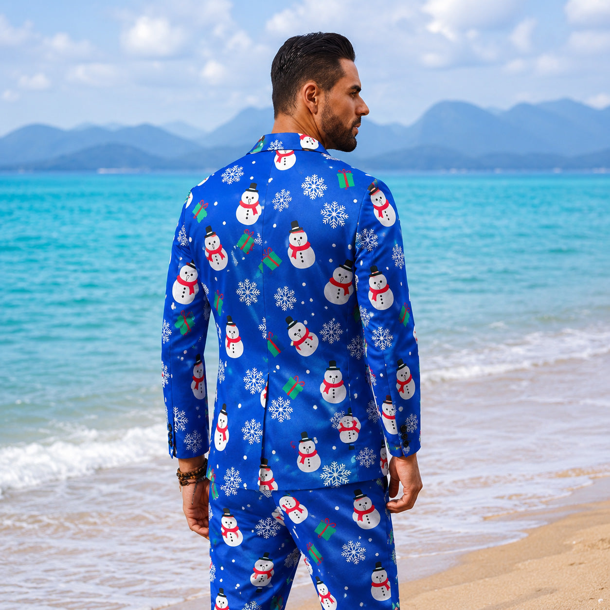 WISHOLIC Men's Royal Blue Snowman Christmas Suit Pants Set - Back View
