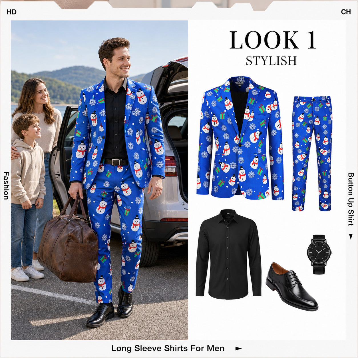 WISHOLIC Men's Blue Snowman Suit Set and Black Shirt Styling Guide