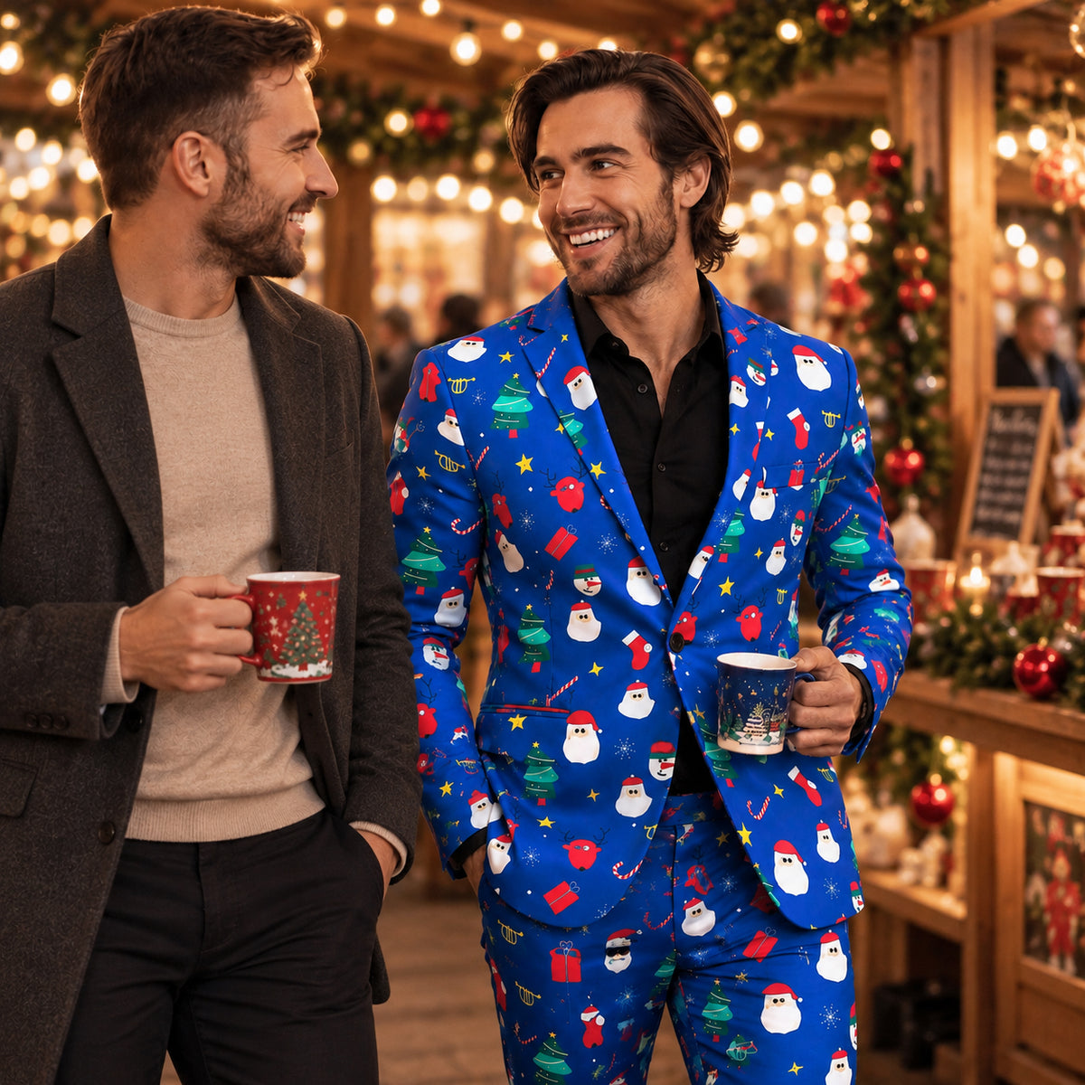 Two men enjoying a Christmas market, with one wearing a Wisholic blue holiday suit set printed with festive patterns.