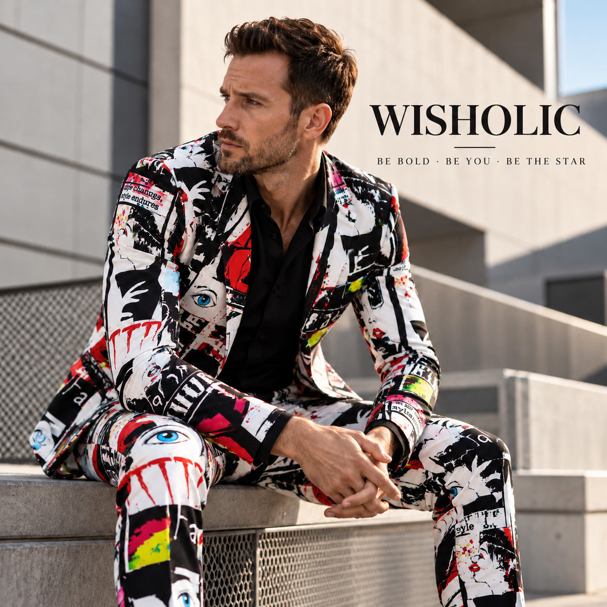 Model sitting outdoors wearing Wisholic bold pop art graffiti printed 2-piece suit.