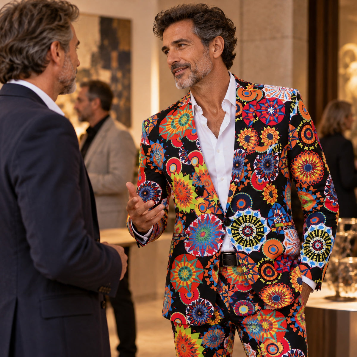 WISHOLIC men's bold multicolor printed suit worn at an elegant indoor social gathering with a white open-collar shirt.