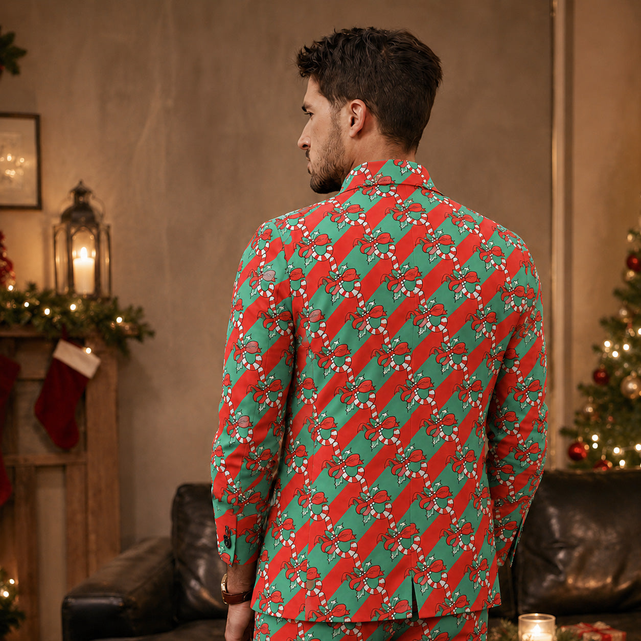 Back view of men's red and green candy cane pattern Christmas suit blazer | WISHOLIC