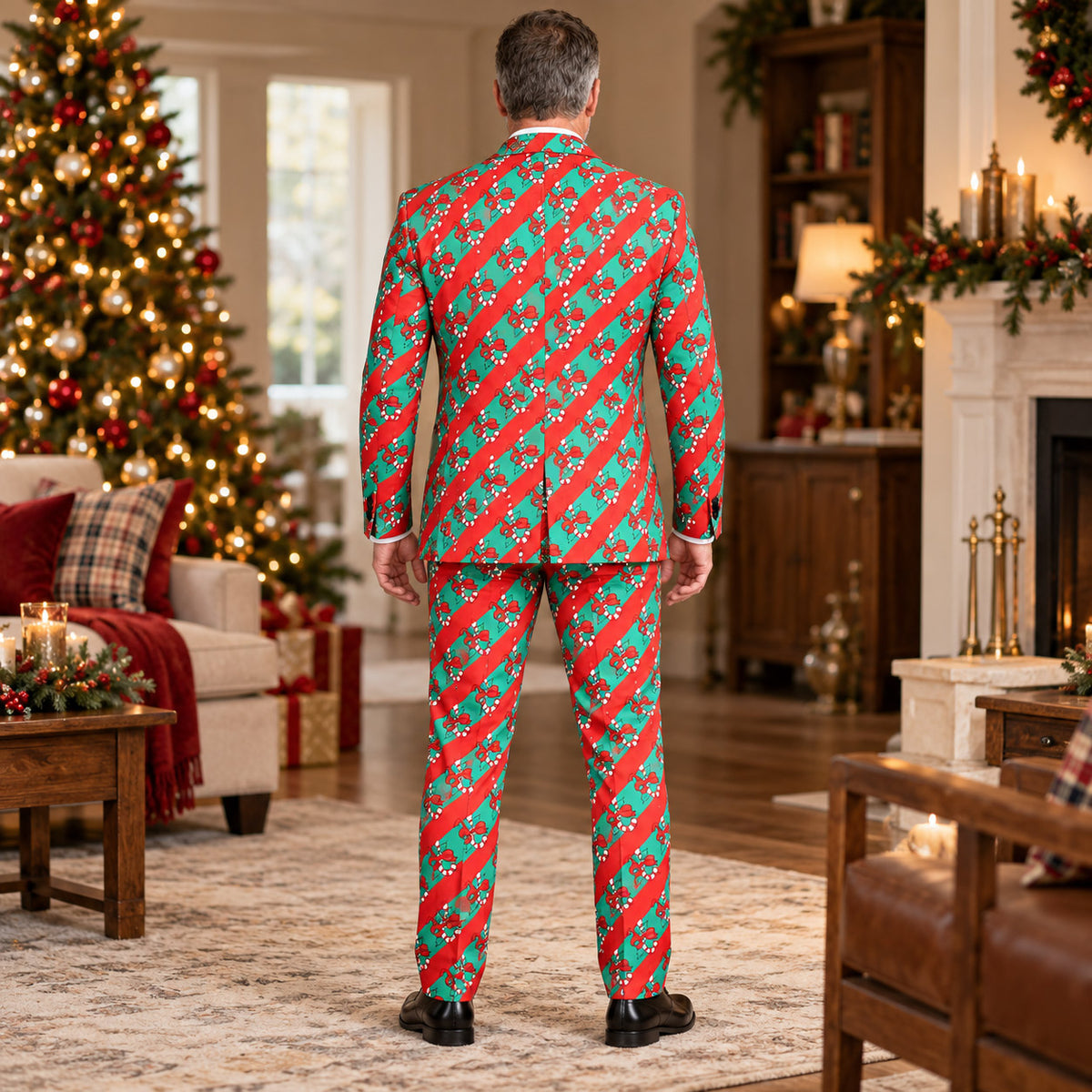 Rear view of man wearing Wisholic holiday Christmas suit with all-over candy cane stripe pattern and center vent jacket