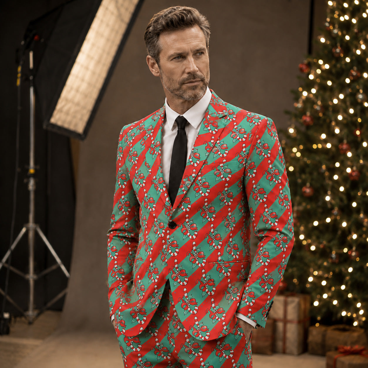 Men's red and green candy cane printed Christmas suit full front view | WISHOLIC