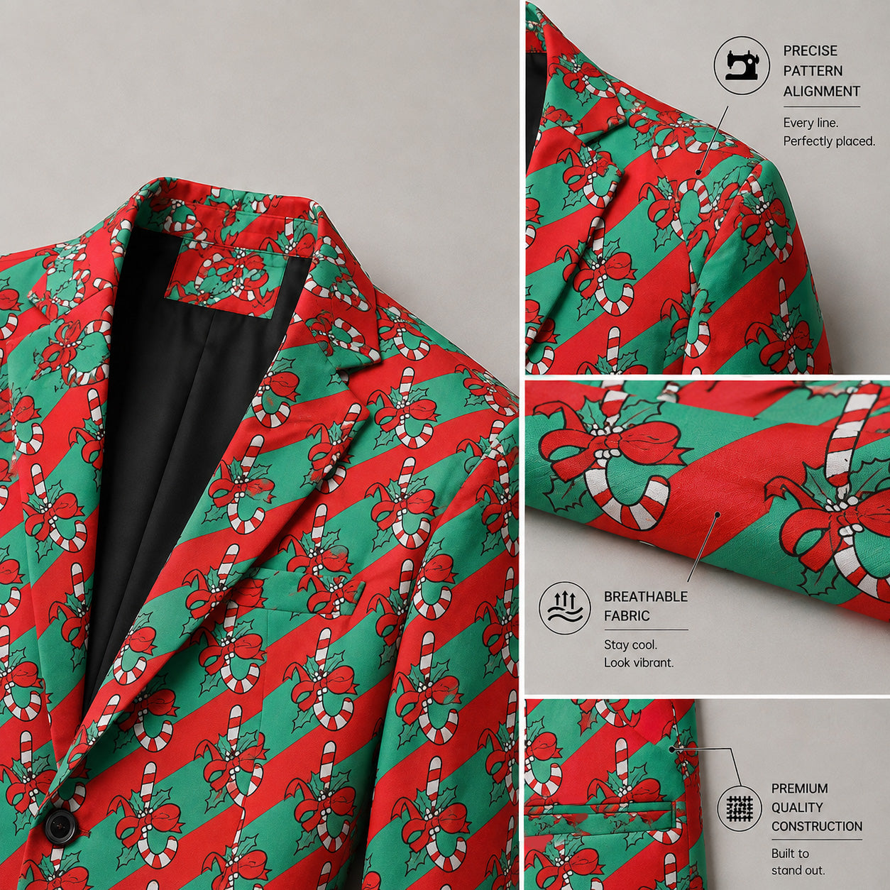 Close-up details of pattern alignment and breathable fabric on men's Christmas suit jacket | WISHOLIC