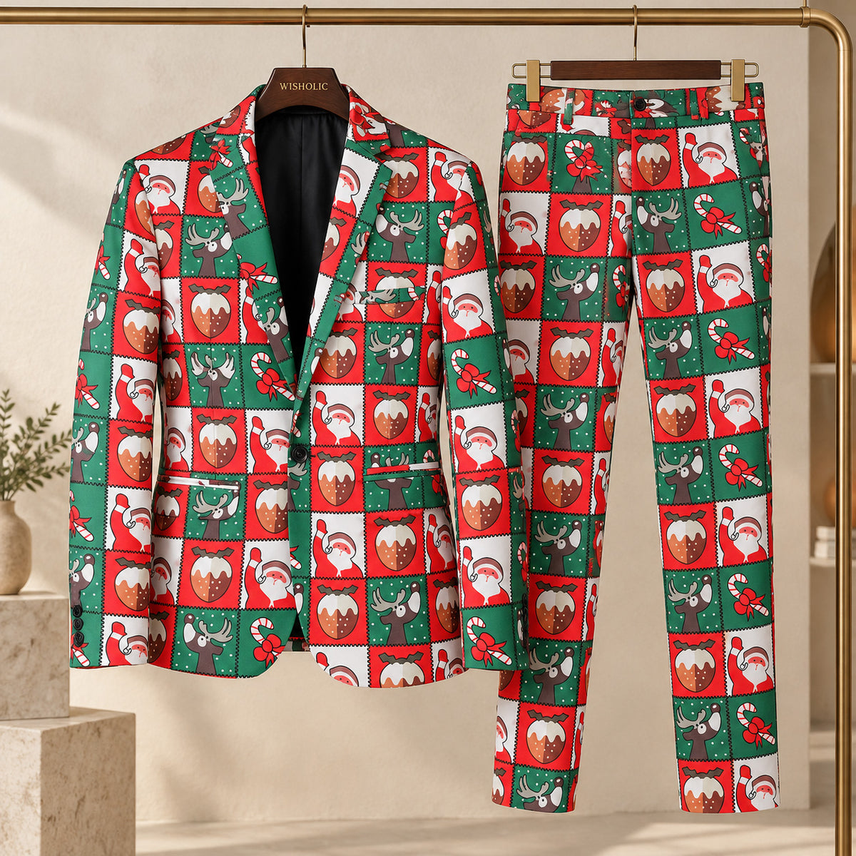 Wisholic 2-piece men's Christmas suit with blazer and matching printed trousers on clothing rack.